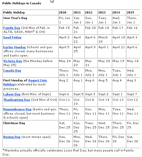 canada holidays